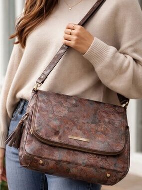 Floral-Pattern Brown Crossbody Bag with Tassel Accent